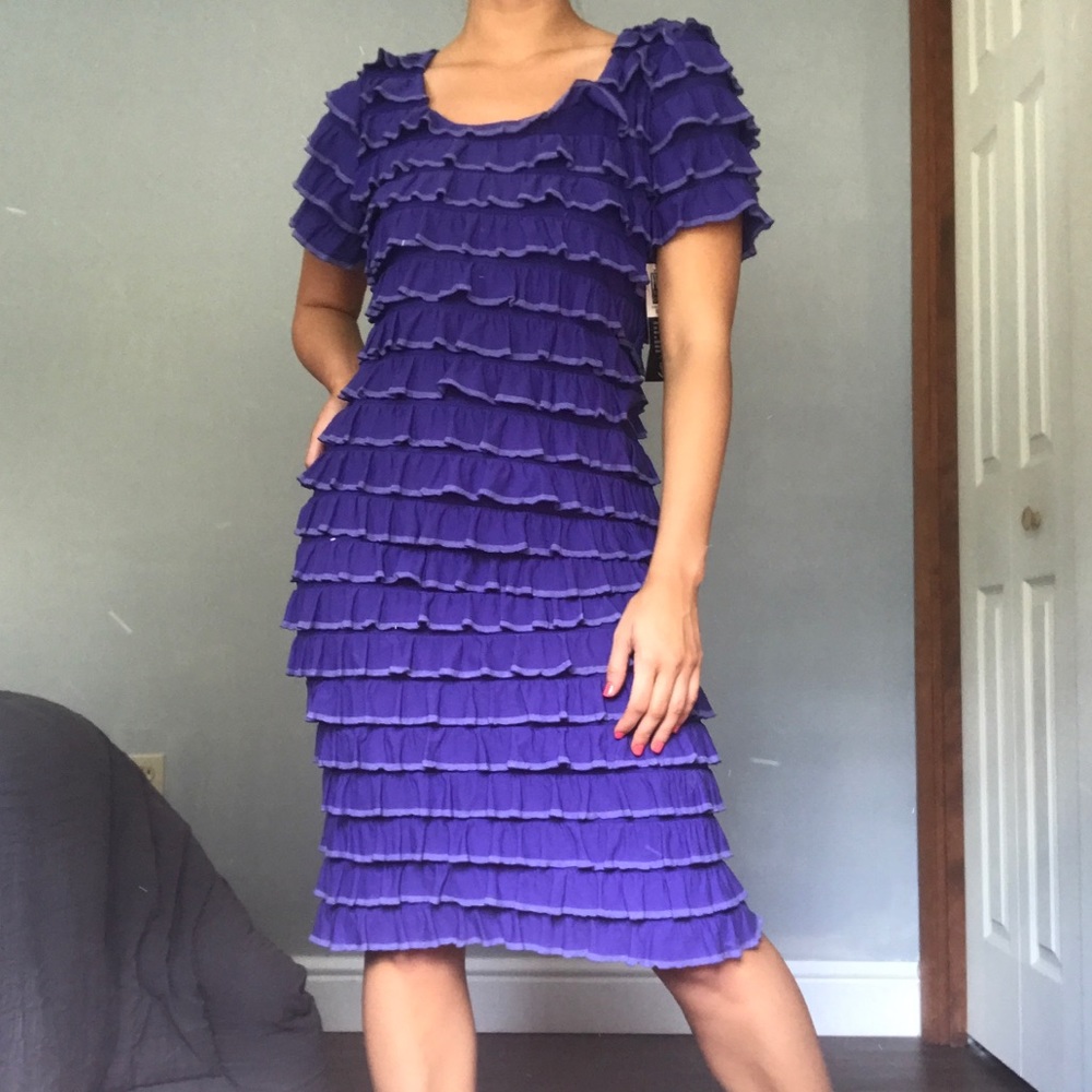 FRANK LYMAN VINTAGE PURPLE RUFFLE MIDI DRESS